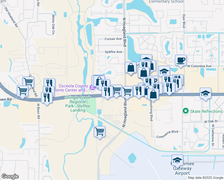map of restaurants, bars, coffee shops, grocery stores, and more near 4125 West Vine Street in Kissimmee