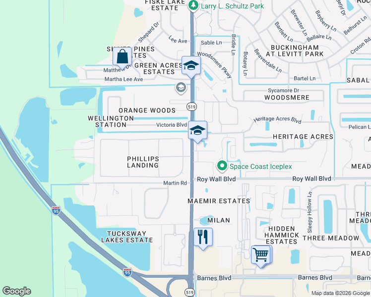 map of restaurants, bars, coffee shops, grocery stores, and more near 1420 Bridgeport Circle in Rockledge