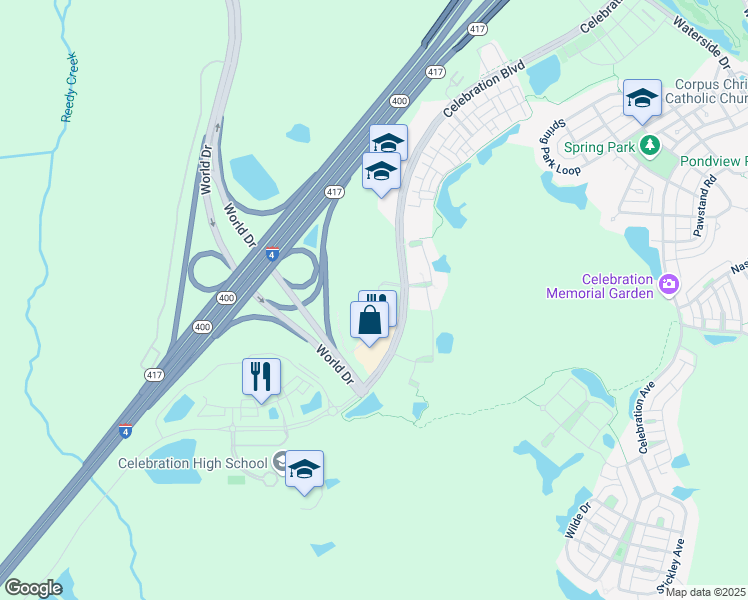 map of restaurants, bars, coffee shops, grocery stores, and more near 1658 Celebration Boulevard in Celebration