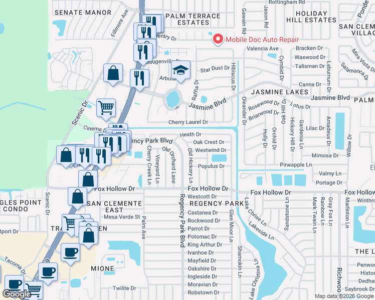 map of restaurants, bars, coffee shops, grocery stores, and more near 7224 Westwind Drive in Port Richey