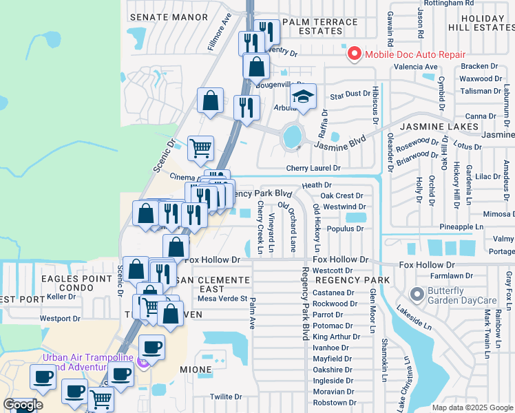 map of restaurants, bars, coffee shops, grocery stores, and more near 10141 Cherry Creek Lane in Port Richey