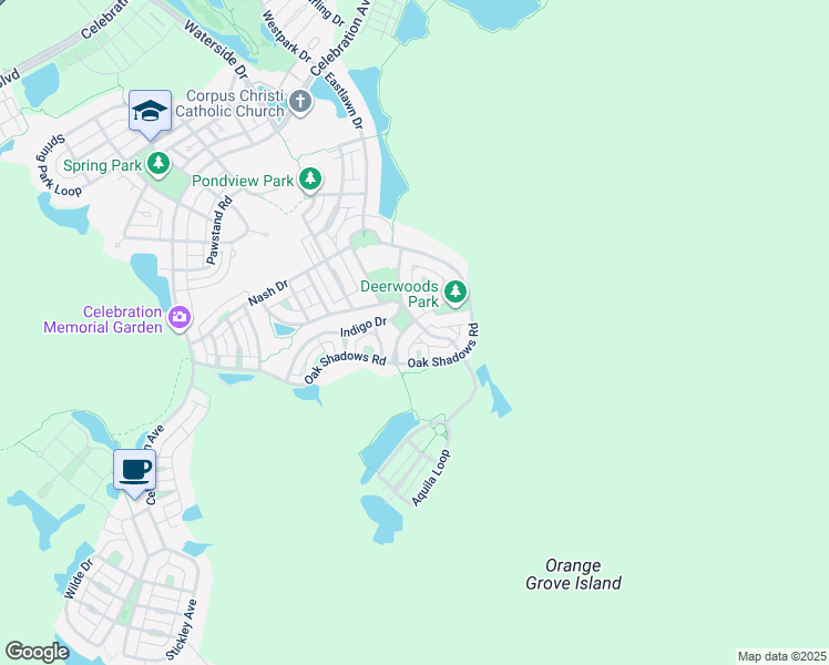 map of restaurants, bars, coffee shops, grocery stores, and more near 1102 Oak Pond Drive in Kissimmee
