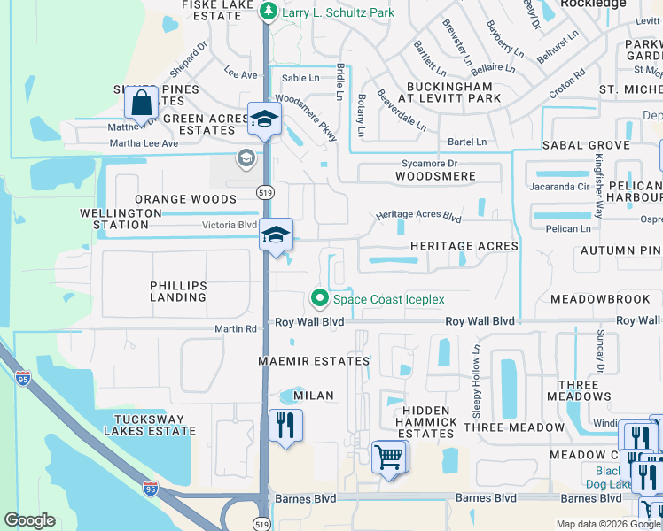 map of restaurants, bars, coffee shops, grocery stores, and more near 1324 Gem Circle in Rockledge