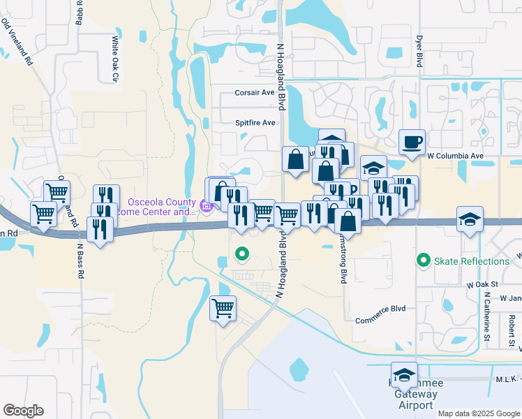 map of restaurants, bars, coffee shops, grocery stores, and more near 4125 West Vine Street in Kissimmee
