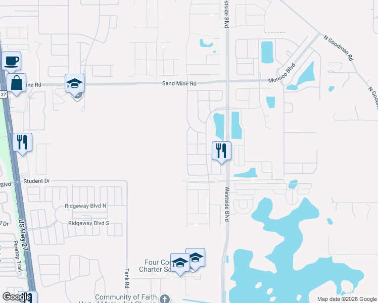 map of restaurants, bars, coffee shops, grocery stores, and more near 1584 Nassau Point Trail in Kissimmee