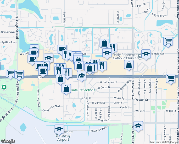 map of restaurants, bars, coffee shops, grocery stores, and more near 2809 West Vine Street in Kissimmee
