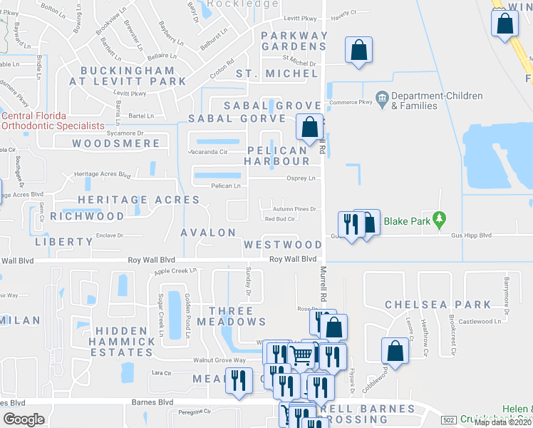 map of restaurants, bars, coffee shops, grocery stores, and more near 1076 Red Bud Circle in Rockledge