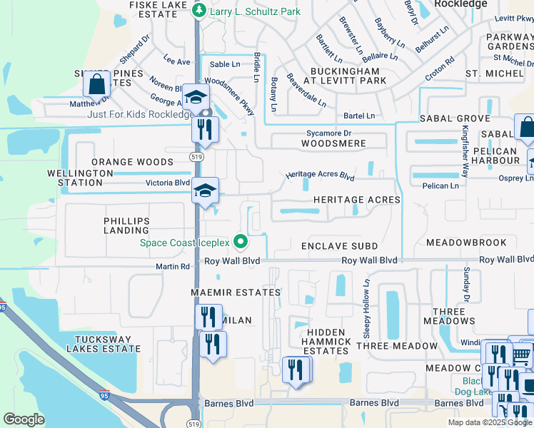 map of restaurants, bars, coffee shops, grocery stores, and more near 1324 Gem Circle in Rockledge