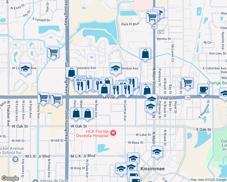 map of restaurants, bars, coffee shops, grocery stores, and more near 505 Florida 530 in Kissimmee