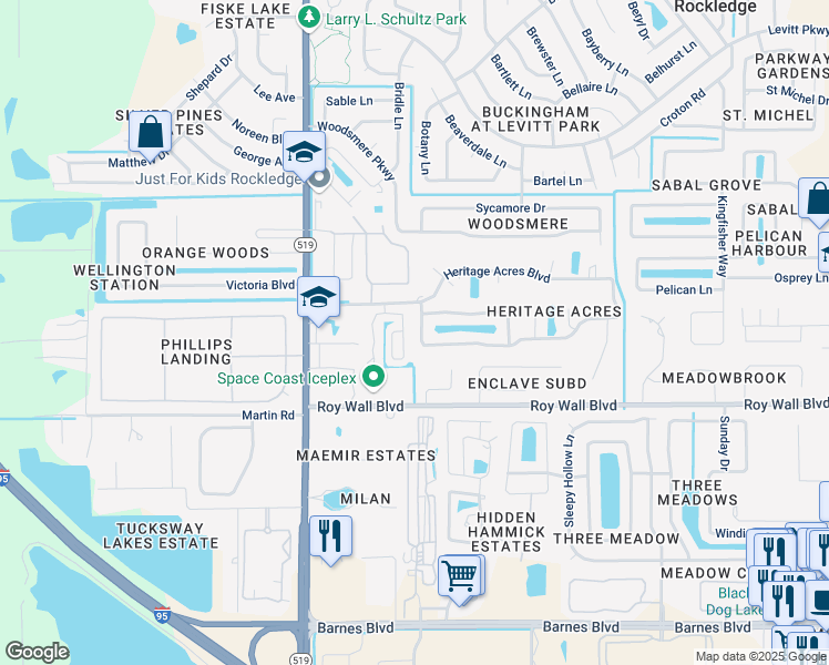 map of restaurants, bars, coffee shops, grocery stores, and more near 1324 Gem Circle in Rockledge