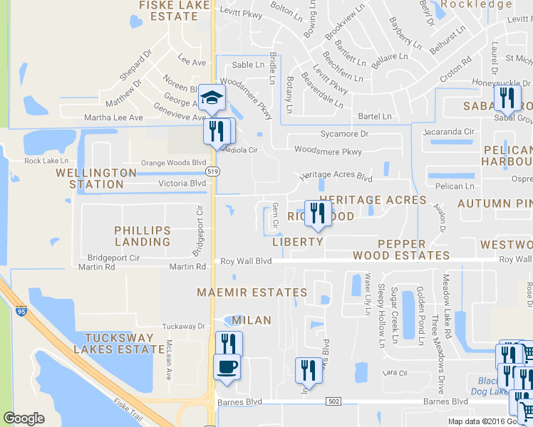 map of restaurants, bars, coffee shops, grocery stores, and more near 1324 Gem Circle in Rockledge