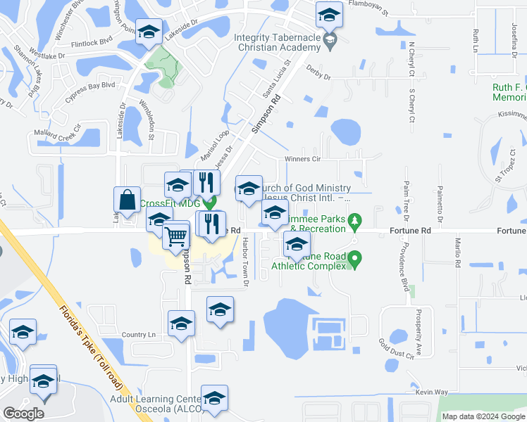 map of restaurants, bars, coffee shops, grocery stores, and more near 2411 Fortune Road in Kissimmee
