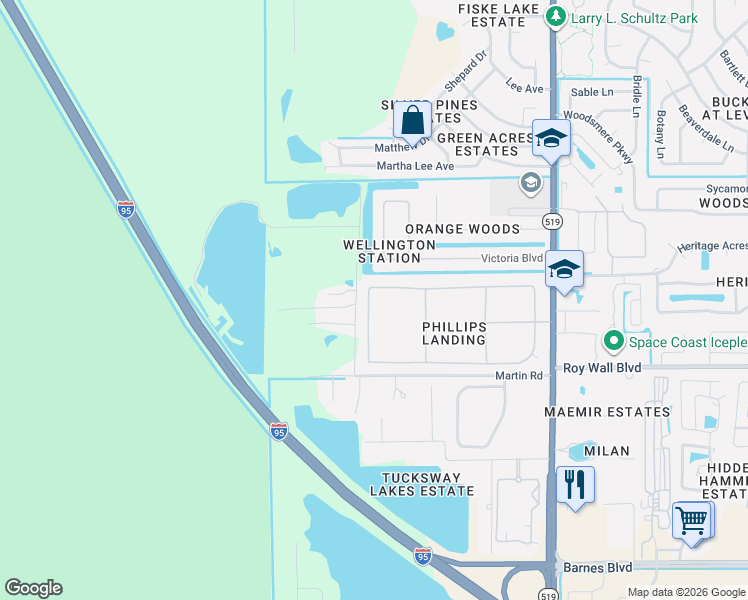 map of restaurants, bars, coffee shops, grocery stores, and more near 1851 Bridgeport Circle in Rockledge