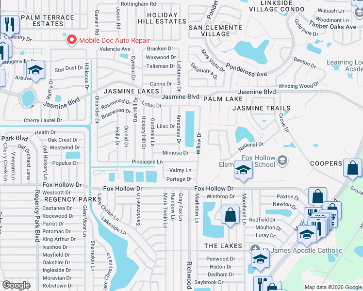 map of restaurants, bars, coffee shops, grocery stores, and more near 7943 Mimosa Drive in Port Richey