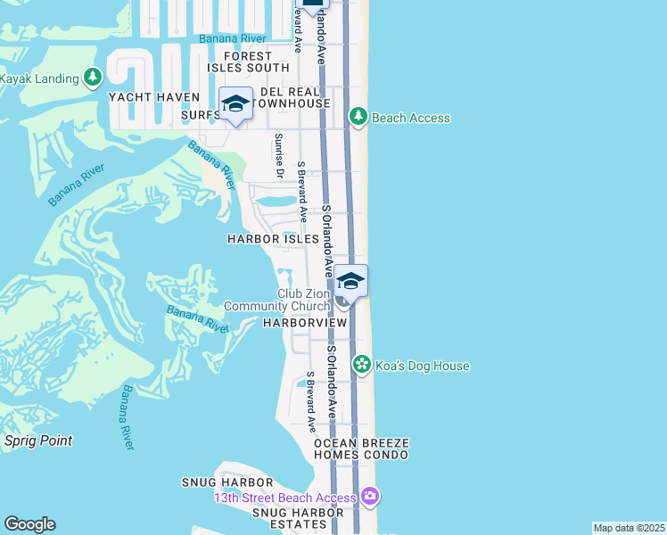 map of restaurants, bars, coffee shops, grocery stores, and more near 754 South Orlando Avenue in Cocoa Beach