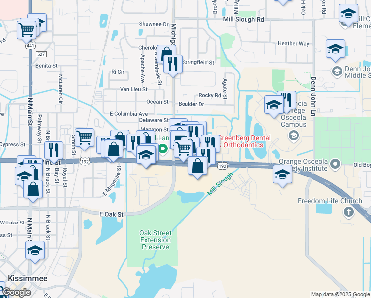 map of restaurants, bars, coffee shops, grocery stores, and more near 1341 East Vine Street in Kissimmee