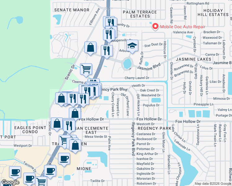 map of restaurants, bars, coffee shops, grocery stores, and more near 10234 Old Orchard Lane in Port Richey