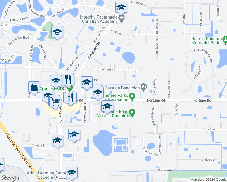 map of restaurants, bars, coffee shops, grocery stores, and more near 1473 Sophie Way in Kissimmee