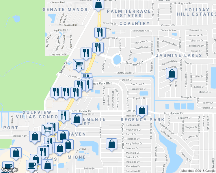 map of restaurants, bars, coffee shops, grocery stores, and more near 10230 Old Orchard Lane in Port Richey