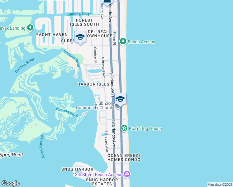 map of restaurants, bars, coffee shops, grocery stores, and more near 718 South Atlantic Avenue in Cocoa Beach