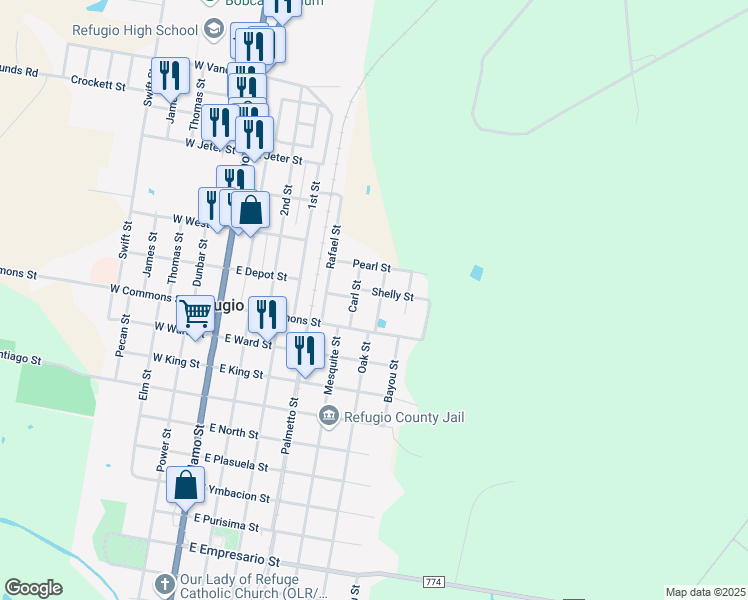 map of restaurants, bars, coffee shops, grocery stores, and more near 112 Carl Street in Refugio