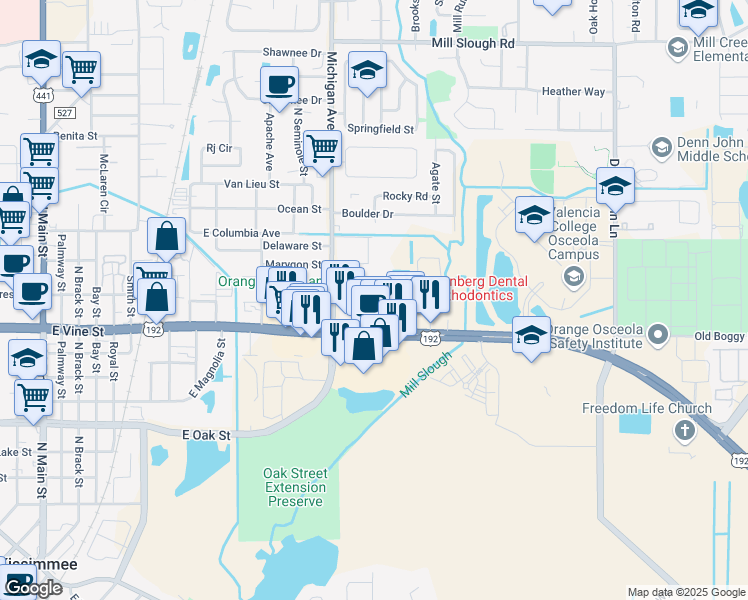 map of restaurants, bars, coffee shops, grocery stores, and more near 1341 East Vine Street in Kissimmee