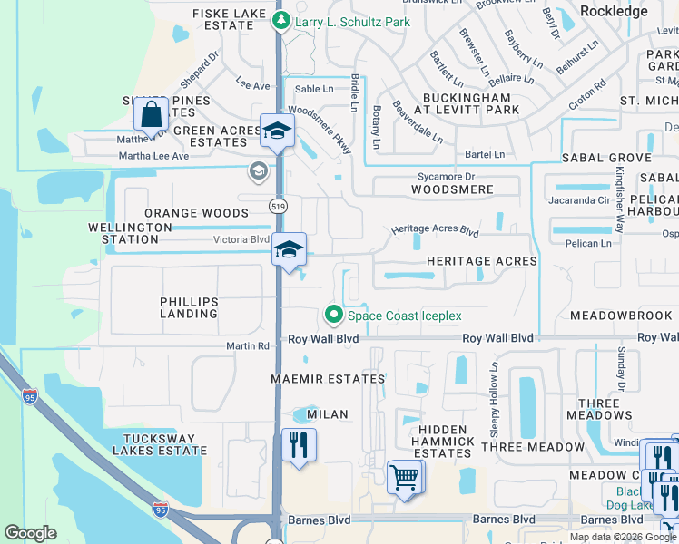 map of restaurants, bars, coffee shops, grocery stores, and more near 1211 Marquise Court in Rockledge