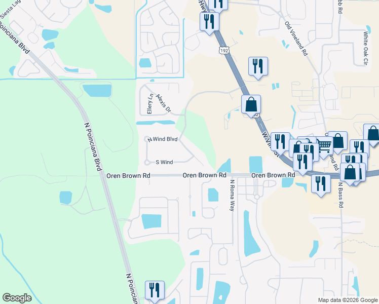 map of restaurants, bars, coffee shops, grocery stores, and more near 4690 East Wind Boulevard in Kissimmee