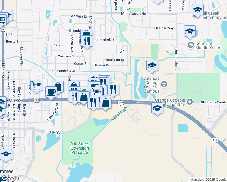 map of restaurants, bars, coffee shops, grocery stores, and more near 1417 East Vine Street in Kissimmee