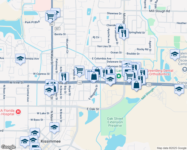 map of restaurants, bars, coffee shops, grocery stores, and more near 901 E Vine St in Kissimmee