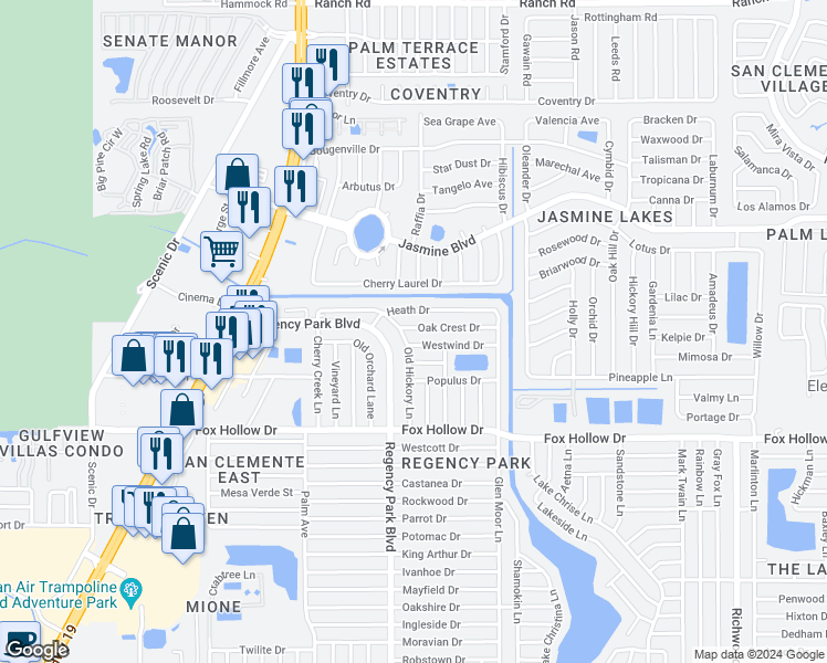 map of restaurants, bars, coffee shops, grocery stores, and more near 7224 Oak Crest Drive in Port Richey