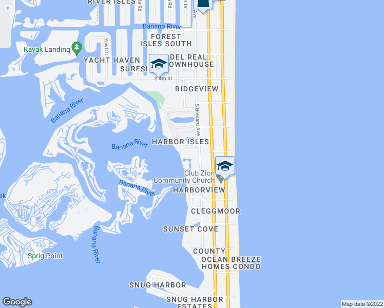 map of restaurants, bars, coffee shops, grocery stores, and more near 760 South Brevard Avenue in Cocoa Beach