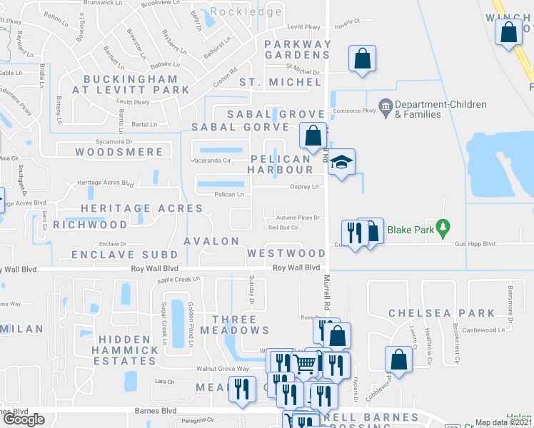 map of restaurants, bars, coffee shops, grocery stores, and more near 1076 Red Bud Circle in Rockledge