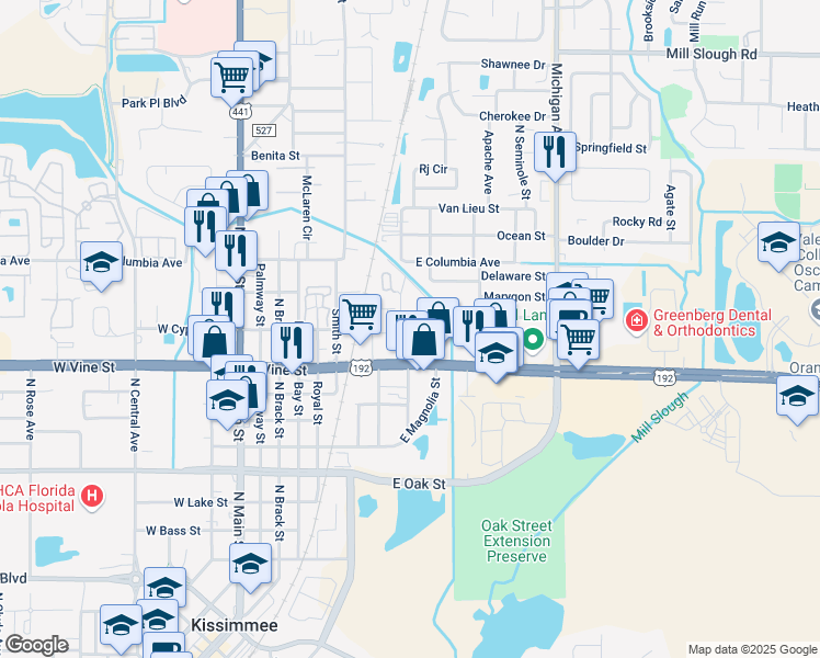 map of restaurants, bars, coffee shops, grocery stores, and more near 1558 North Kelley Avenue in Kissimmee