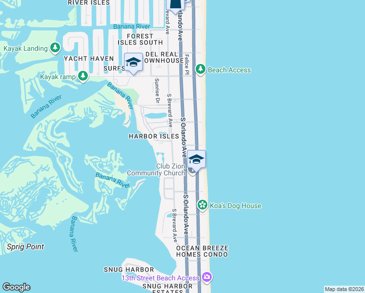map of restaurants, bars, coffee shops, grocery stores, and more near 754 South Orlando Avenue in Cocoa Beach