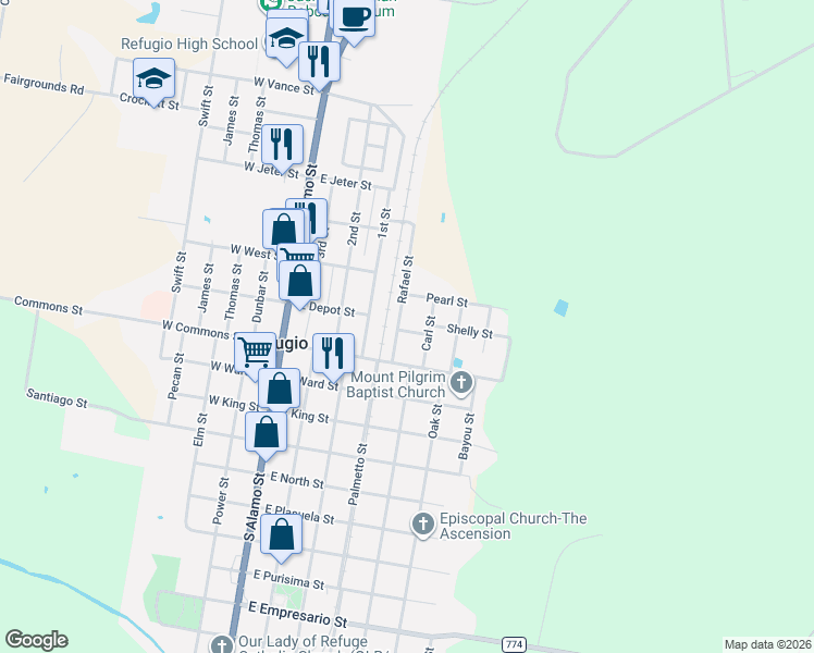 map of restaurants, bars, coffee shops, grocery stores, and more near 212 Rafael Street in Refugio