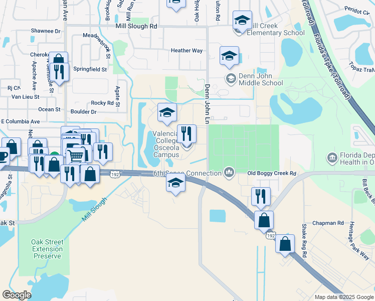 map of restaurants, bars, coffee shops, grocery stores, and more near 1800 Denn John Lane in Kissimmee
