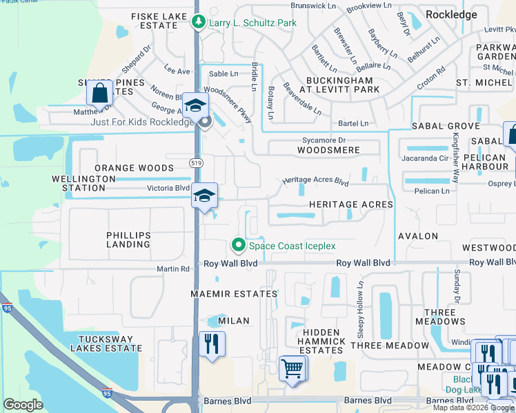 map of restaurants, bars, coffee shops, grocery stores, and more near 267 Gladiola Circle in Rockledge