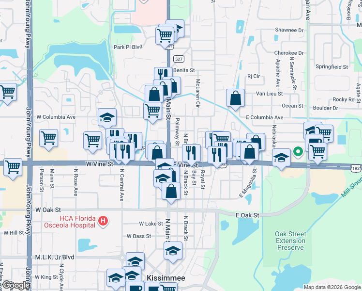 map of restaurants, bars, coffee shops, grocery stores, and more near 1601 North Brack Street in Kissimmee