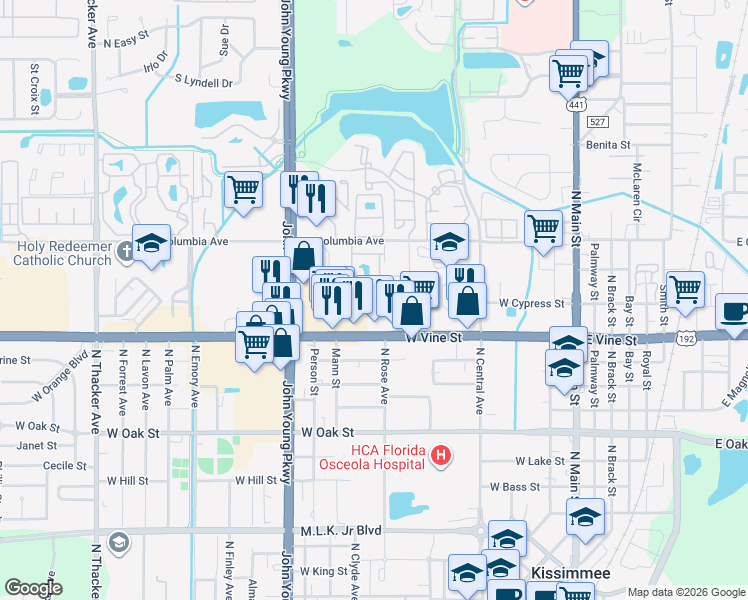 map of restaurants, bars, coffee shops, grocery stores, and more near 1610 Columbia Arms Circle in Kissimmee