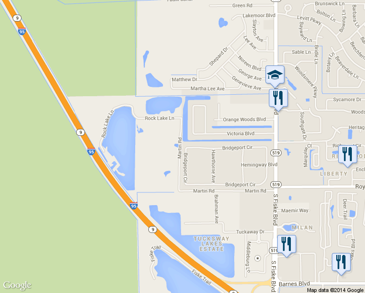 map of restaurants, bars, coffee shops, grocery stores, and more near 1810 Bridgeport Circle in Rockledge