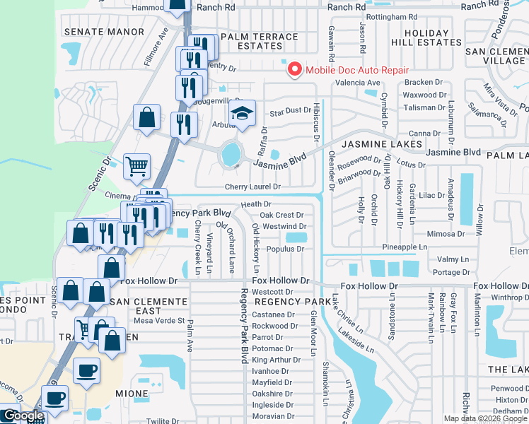map of restaurants, bars, coffee shops, grocery stores, and more near 7221 Heath Drive in Port Richey
