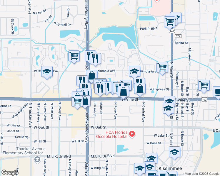 map of restaurants, bars, coffee shops, grocery stores, and more near 1615 Columbia Arms Circle in Kissimmee