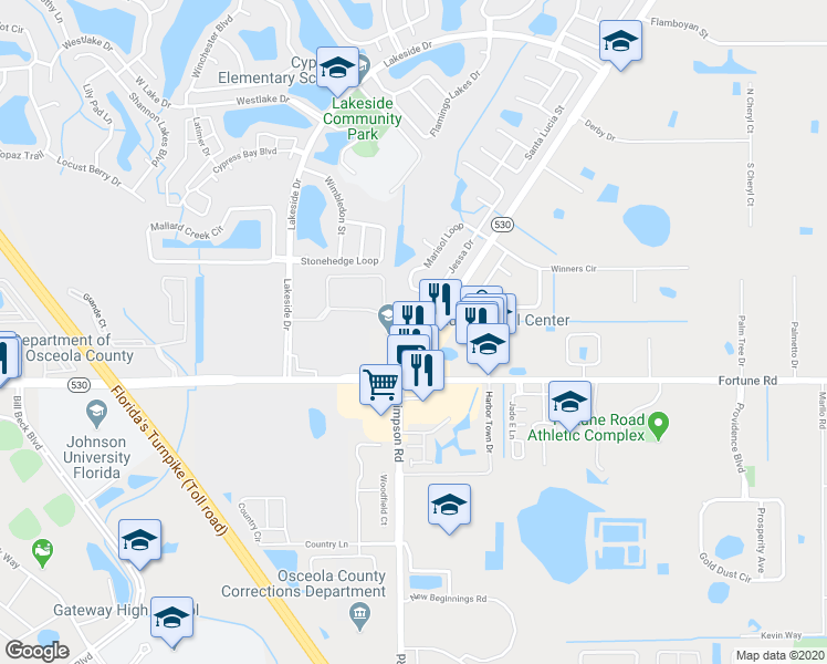 map of restaurants, bars, coffee shops, grocery stores, and more near 2307 Boggy Creek Road in Kissimmee