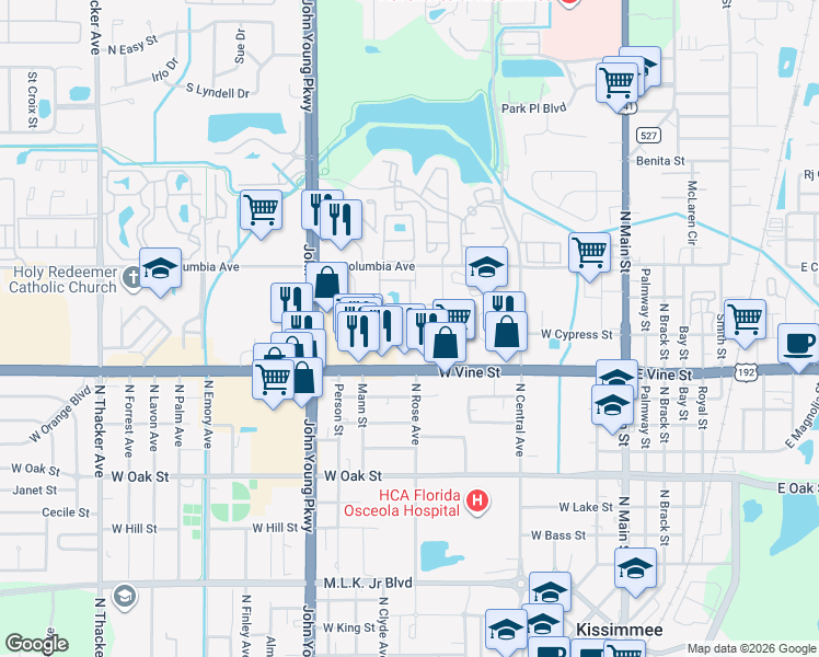 map of restaurants, bars, coffee shops, grocery stores, and more near 1610 Columbia Arms Circle in Kissimmee