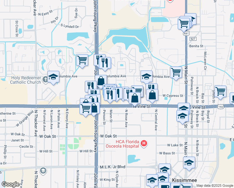 map of restaurants, bars, coffee shops, grocery stores, and more near 1610 Columbia Arms Circle in Kissimmee