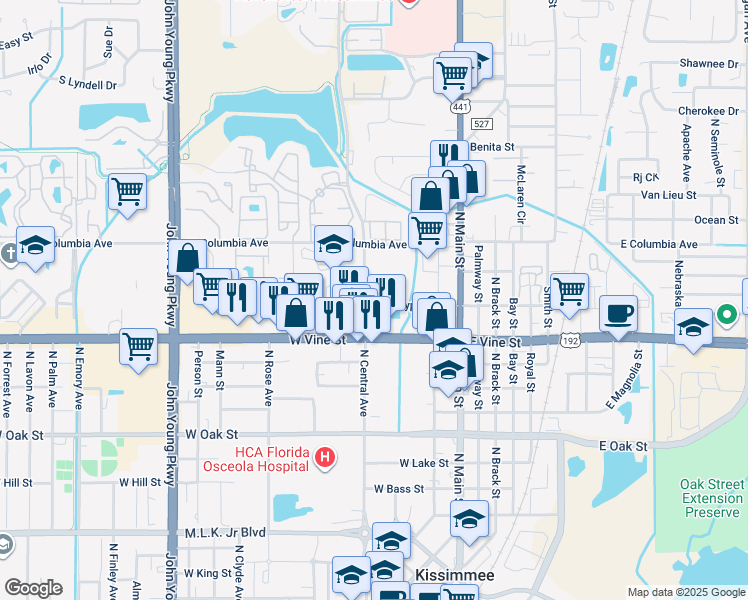 map of restaurants, bars, coffee shops, grocery stores, and more near 323 West Cypress Street in Kissimmee