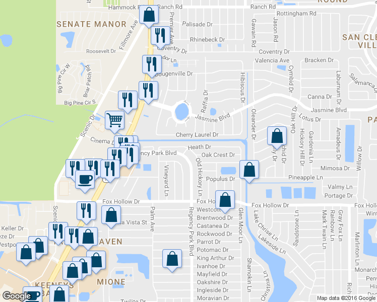 map of restaurants, bars, coffee shops, grocery stores, and more near 10231 Old Hickory Lane in Port Richey
