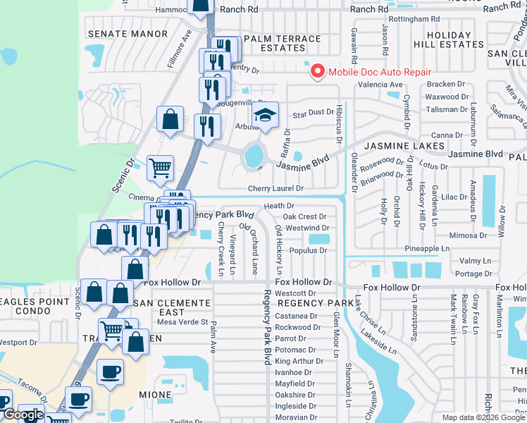 map of restaurants, bars, coffee shops, grocery stores, and more near 7125 Heath Drive in Port Richey