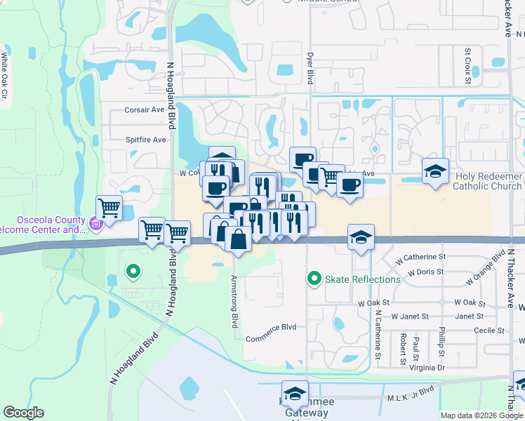 map of restaurants, bars, coffee shops, grocery stores, and more near 3501 West Vine Street in Kissimmee